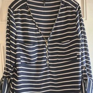 New Directions Blue and White Striped Tunic Top Shirt